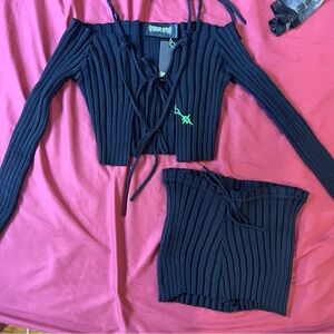 Darker Wavs x Dolls Kill PITCH KNIT RIBBED SHORTS SET